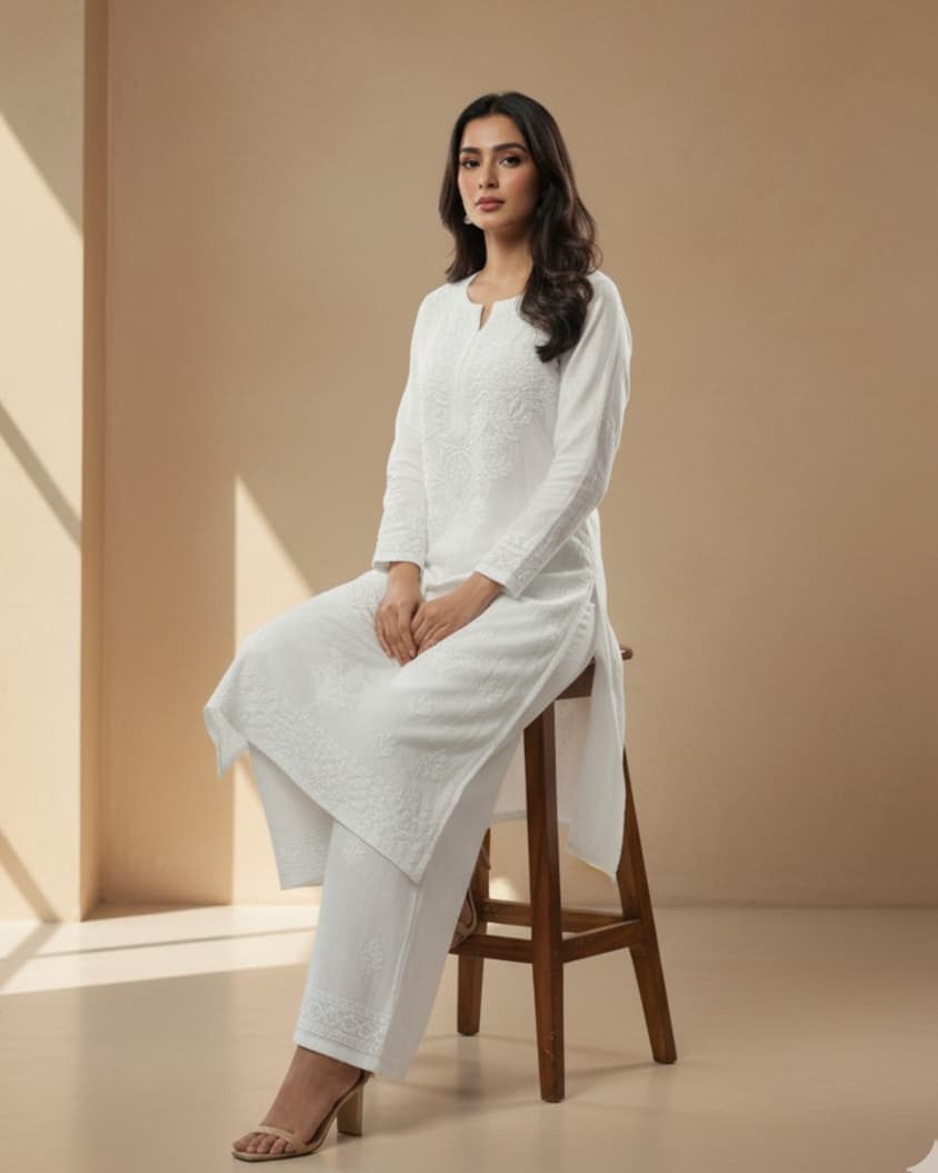 Pure Rayon Lucknowi Chikankari Kurti with Matching Plazzo – Handcrafted Artistry from Lucknow