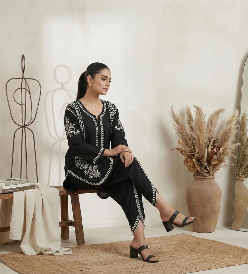 Premium Rayon Chikankari Short Kurti with Tulip Pants (Fusion Set) Lucknowi Chikankari