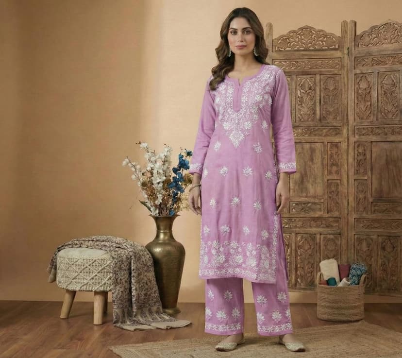 Premium Rayon Chikankari Straight Kurti with Palazzo Set (Pastel Collection) Lucknowi Chikankari