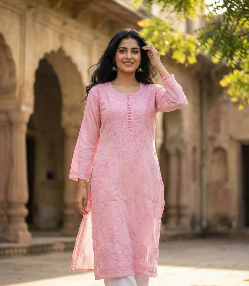 Premium Dobby Weave Cotton Handwork Kurta for Women (Opaque - No Inner Required) Lucknowi Chikankari