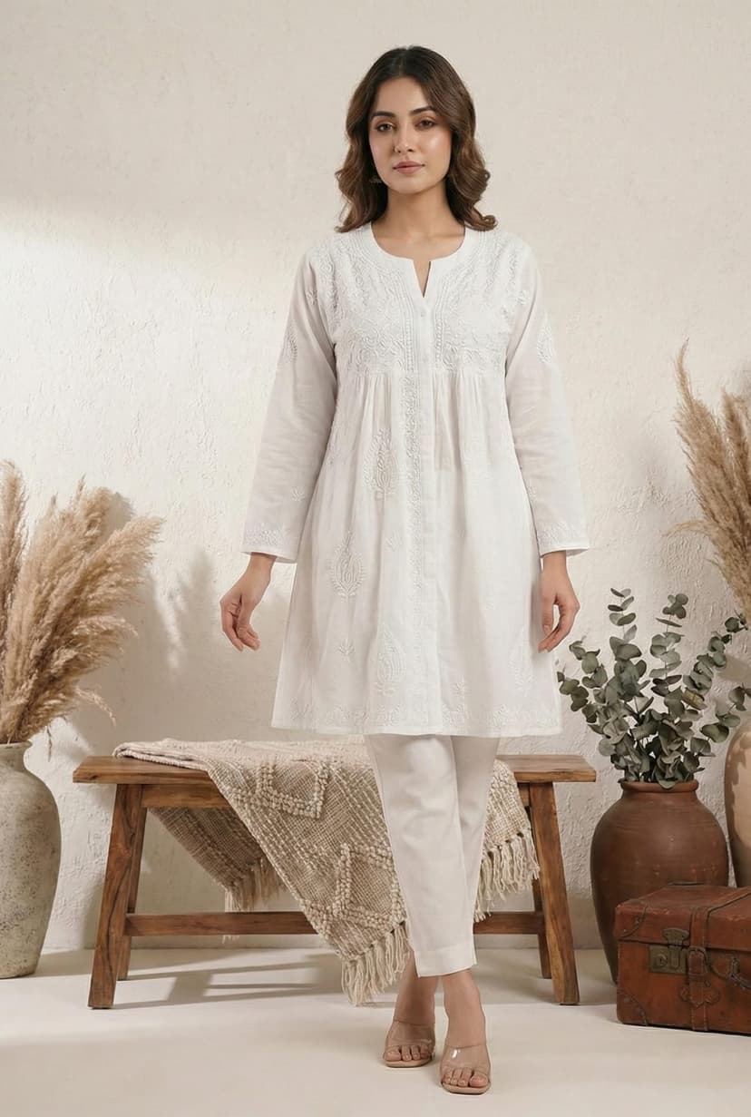Premium 16kg Rayon Pleated Short Kurti (V-Neck with Buttons) Lucknowi Chikankari
