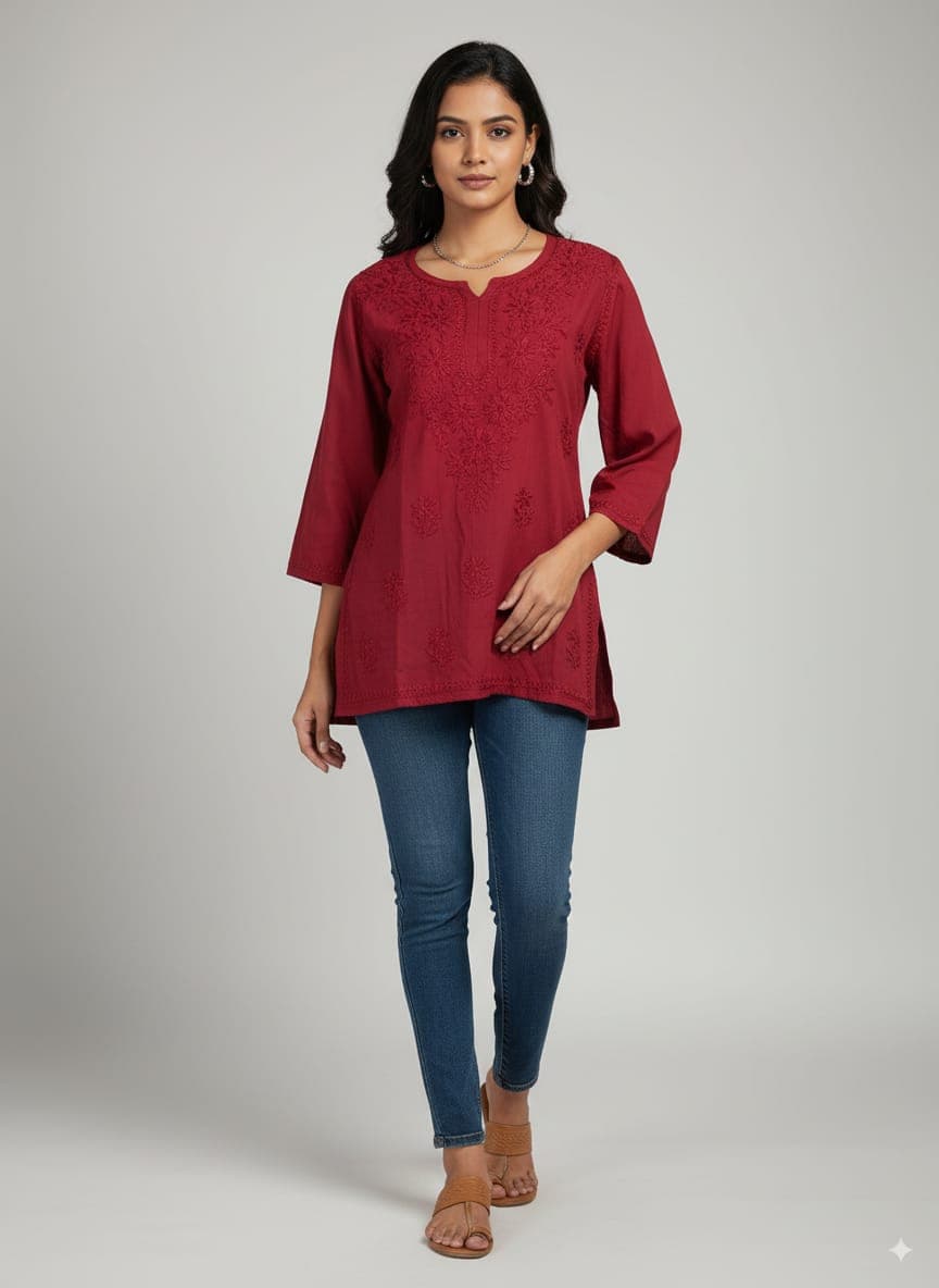 NOOR CHIKANKARI SHORT TOP Lucknowi Chikankari view 3