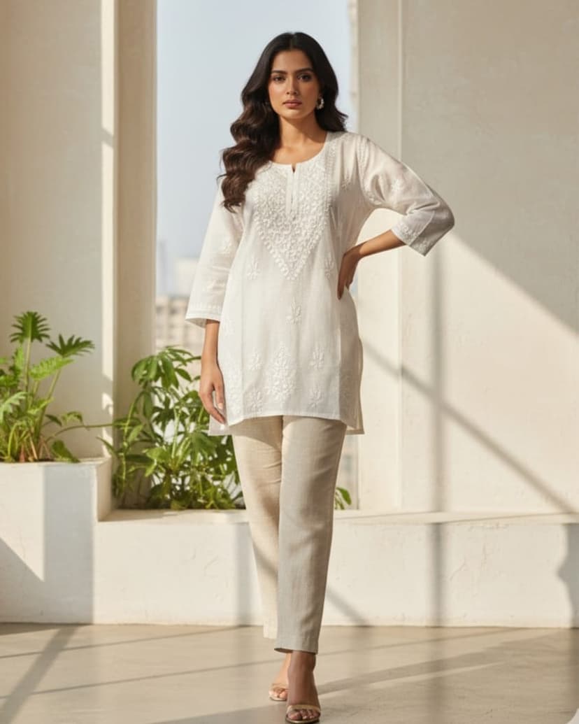 Pairahan Chikan – White Lucknowi Chikankari Short Top Lucknowi Chikankari