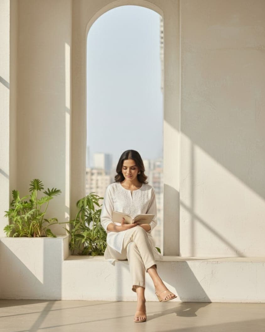 Pairahan Chikan – White Lucknowi Chikankari Short Top Lucknowi Chikankari view 2