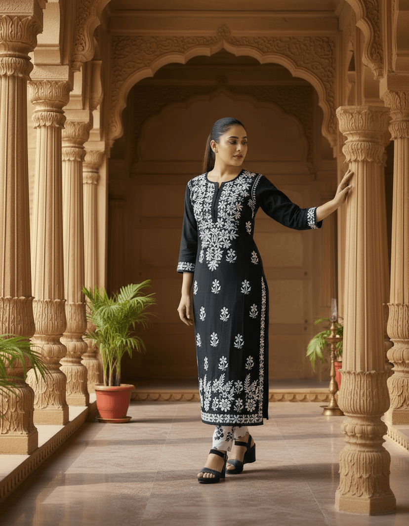 Lucknowi Handwork Chikankari Kurti – White Thread Lucknowi Chikankari