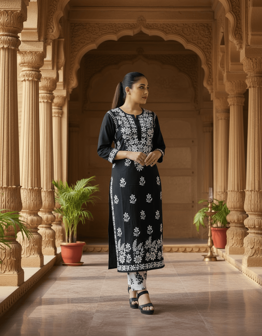 Lucknowi Handwork Chikankari Kurti – White Thread Lucknowi Chikankari view 2