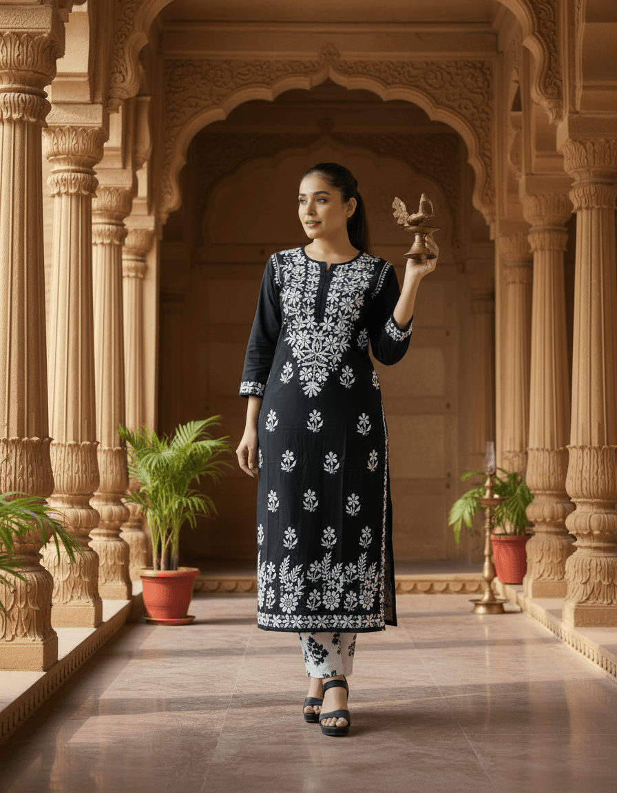 Lucknowi Handwork Chikankari Kurti – White Thread Lucknowi Chikankari view 3