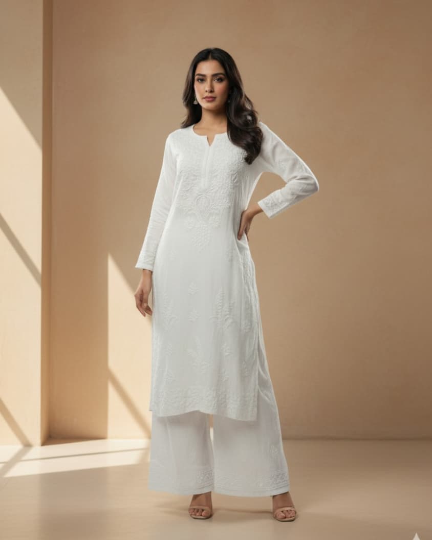 Pure Rayon Lucknowi Chikankari Kurti with Matching Plazzo – Handcrafted Artistry from Lucknow Lucknowi Chikankari view 2