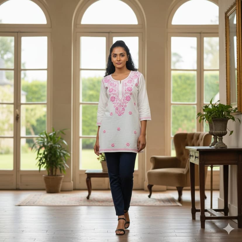 Pairahan Signature Lucknowi Chikankari Handwork Short Top – Contrast Thread Embroidery on Pure Cotton Lucknowi Chikankari