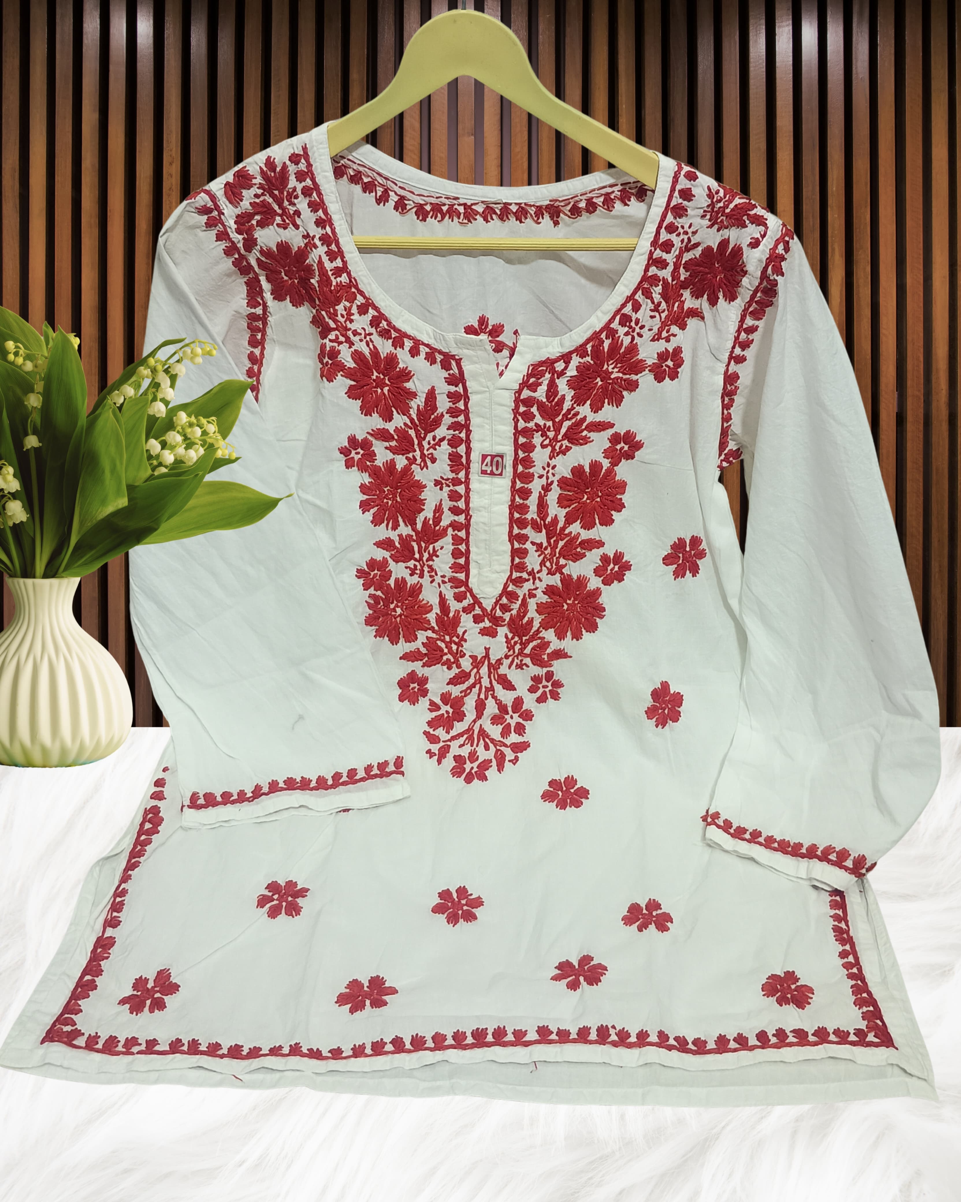 Pairahan Signature Lucknowi Chikankari Handwork Short Top – Contrast Thread Embroidery on Pure Cotton Lucknowi Chikankari view 6