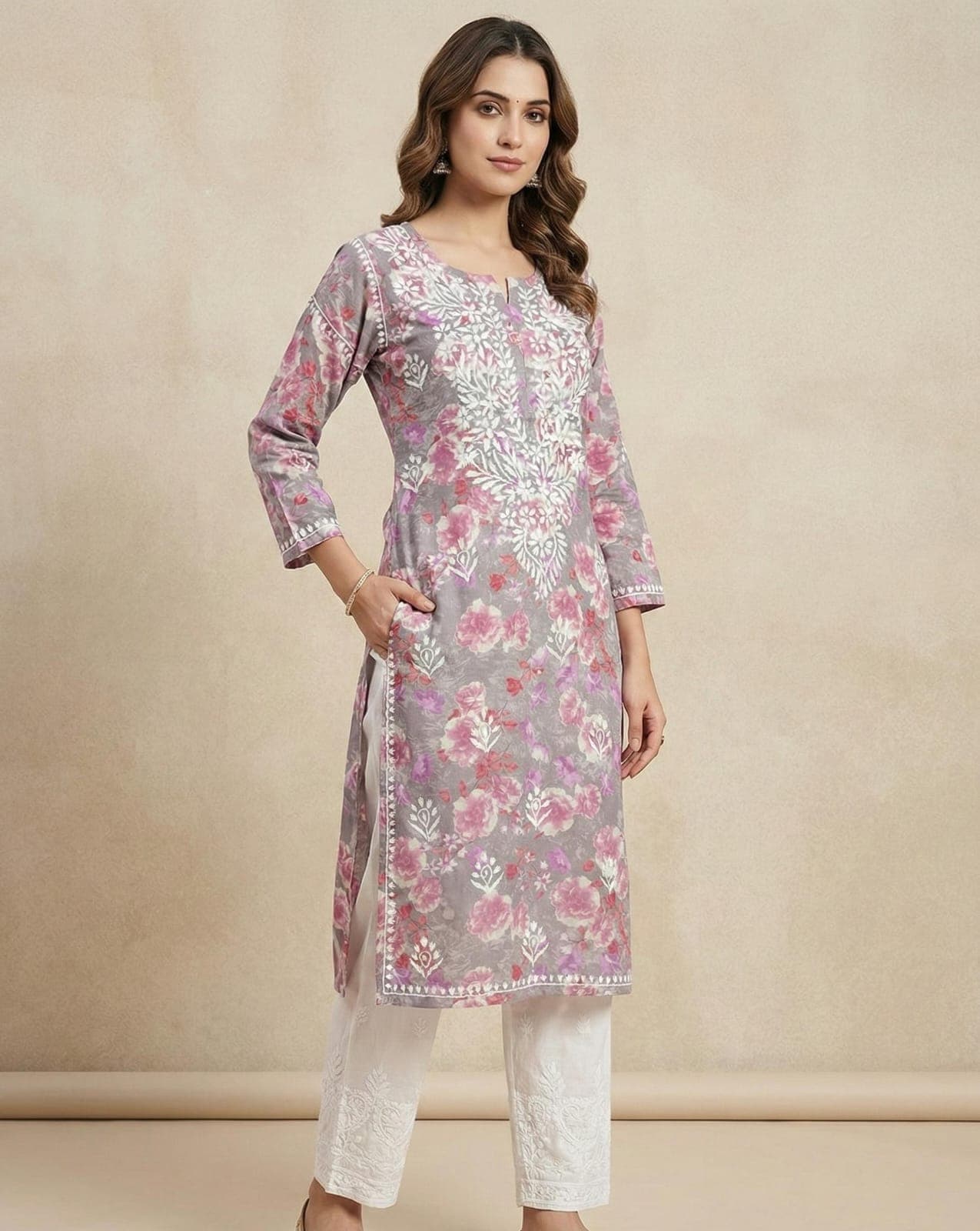 Premium Mul Cotton Printed Chikankari Kurti Set with Pant - Floral Series